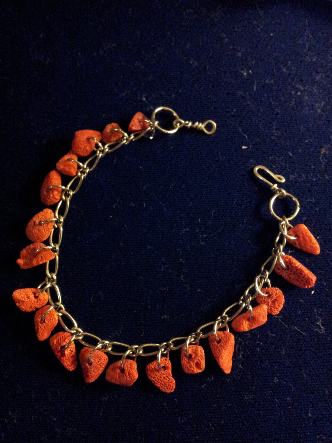 Red Coral Chain link Dangle Bracelet w Sterling Silver Hook Clasp