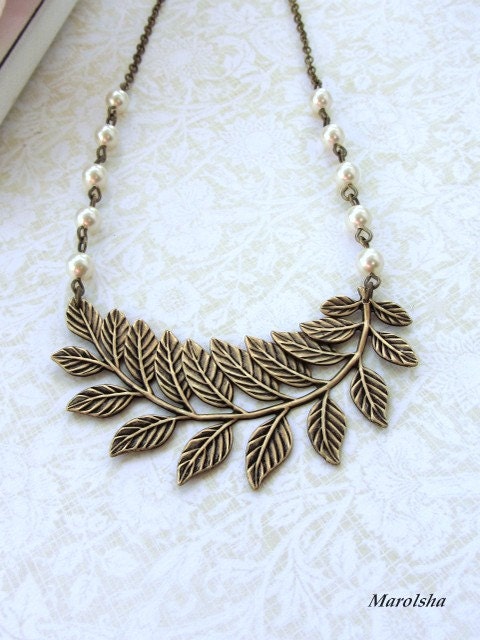 Large Leaf Branch Ivory Pearls Statement Nature Vintage Inspired, Antiqued Brass Necklace. Wedding Jewelry, Bridesmaid, Bridal Jewelry.