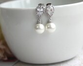 Rhodium Plated Cubic Zirconia Ear Post,  White SHELL Pearls Earrings. Bridesmaids Gift,  Bridal Jewelry. Maid of Honor.