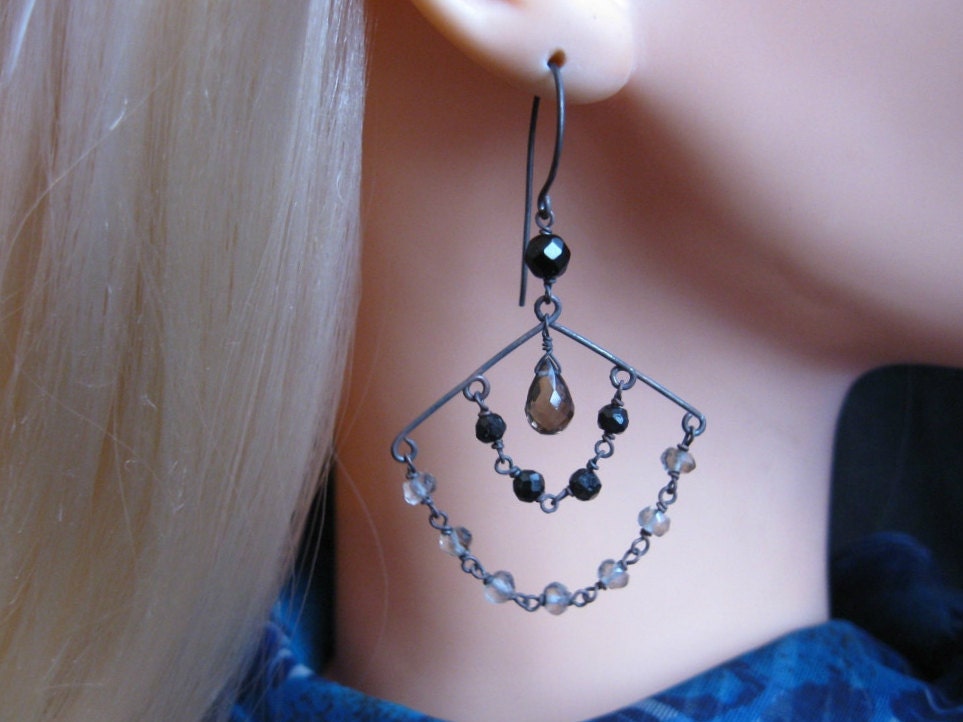 Quartz Onyx Earrings- Oxidized Silver, Fan Design