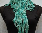 Turquoise & Aqua Silk and Kelp Handmade Loopy Crochet Scarf