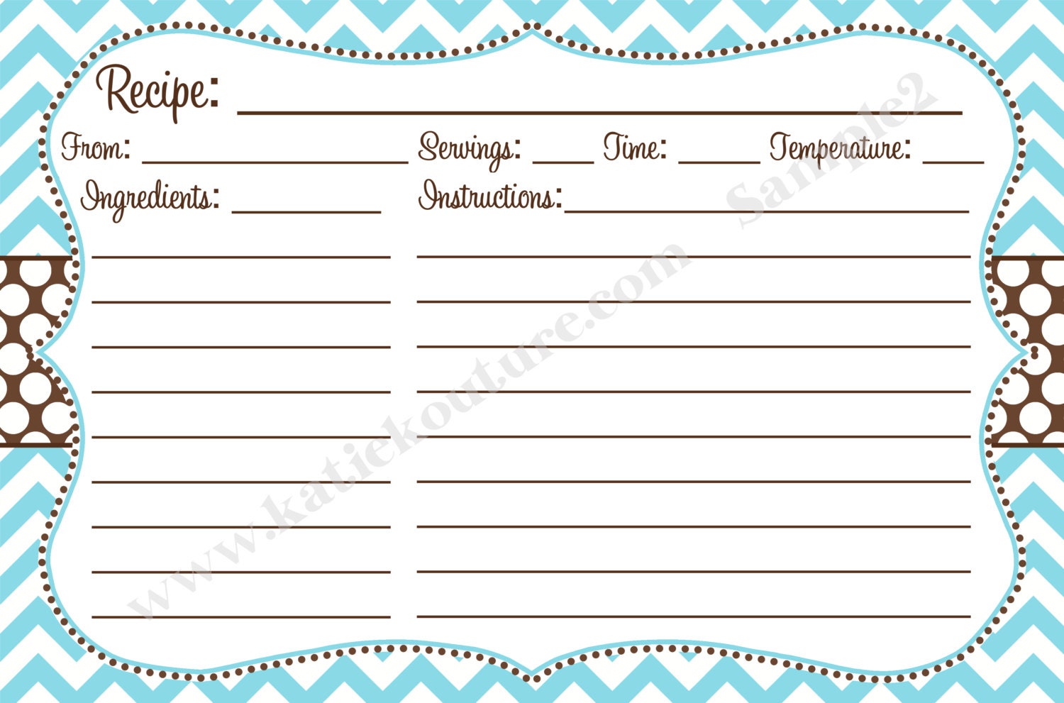20 Recipe Cards Aqua and White Chevron Zigzag with your choice of accent color 4x6 (3x5 by request)