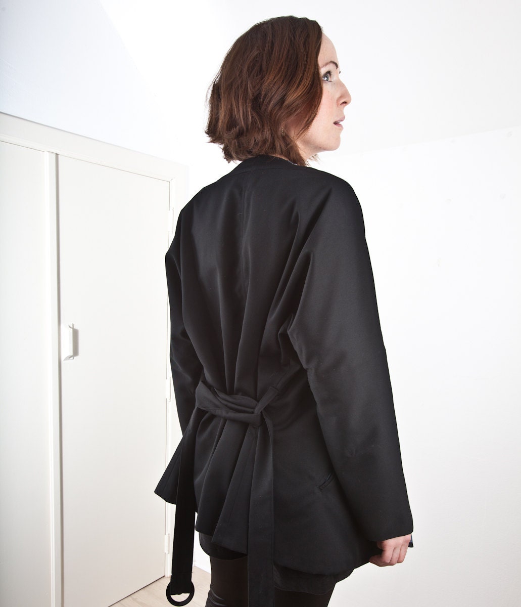 Kyoko black twill kimono jacket, bohemian, asian style, japanese kimono, size medium, belted jacket, pockets, size medium, size large