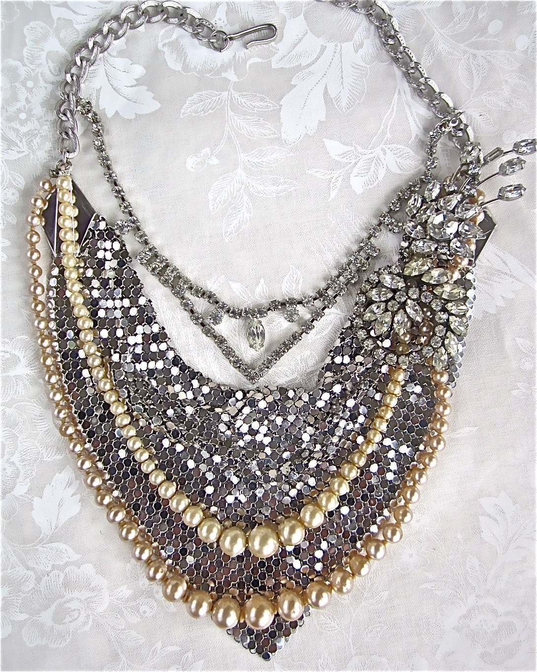 Vintage Wedding Necklace Rhinestone and Pearl Statement Necklace Bridal Bib Chain Mail Metal Mesh Bib Necklace - Disco Stew