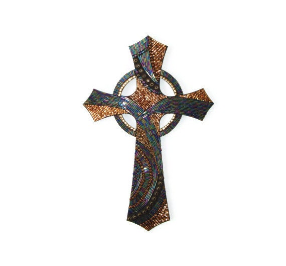 Beaded Mosaic Cross decorative cross Celtic cross contemporary religious art Christian wall art Saint Lukes Cross decorated wood cross - FischerFineArts