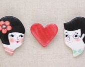 You & I Hand painted Ceramic Brooch set