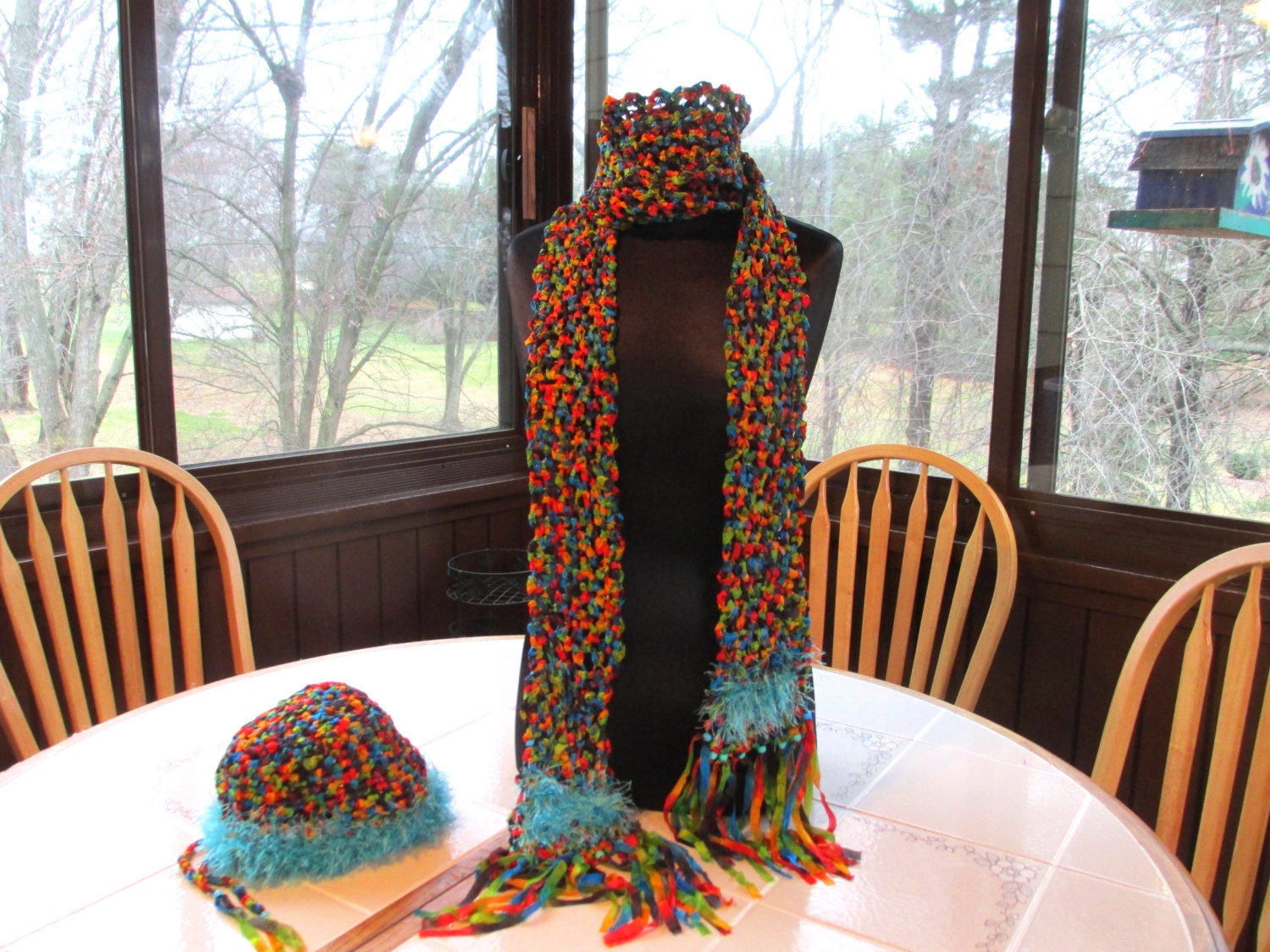 Hat and Scarf Set Ribbon and Fuzzy Yarns Crocheted in Red, Green, Gold, and Blue