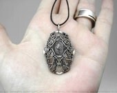 Geometric kaleidoscope pendant - industrial jewelry, sterling silver, tourmalinated quartz, angular detailed filigree