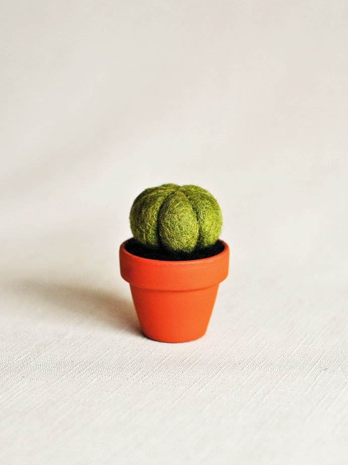 Round Cactus in Ceramic Pot - Needle Felted Potted Plant - Woodland Nature Home Decor All Natural Wool Felt Gift Educational Decorations