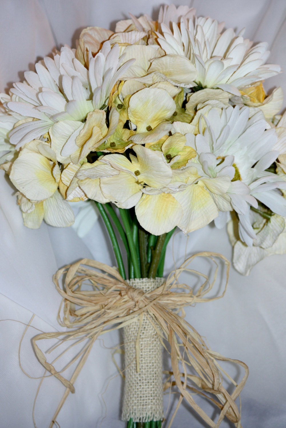 Wedding Bridal Bouquet Spring Flowers Yellow & White Gerbera Daisy Hydrangea Rustic FREE SHIPPING