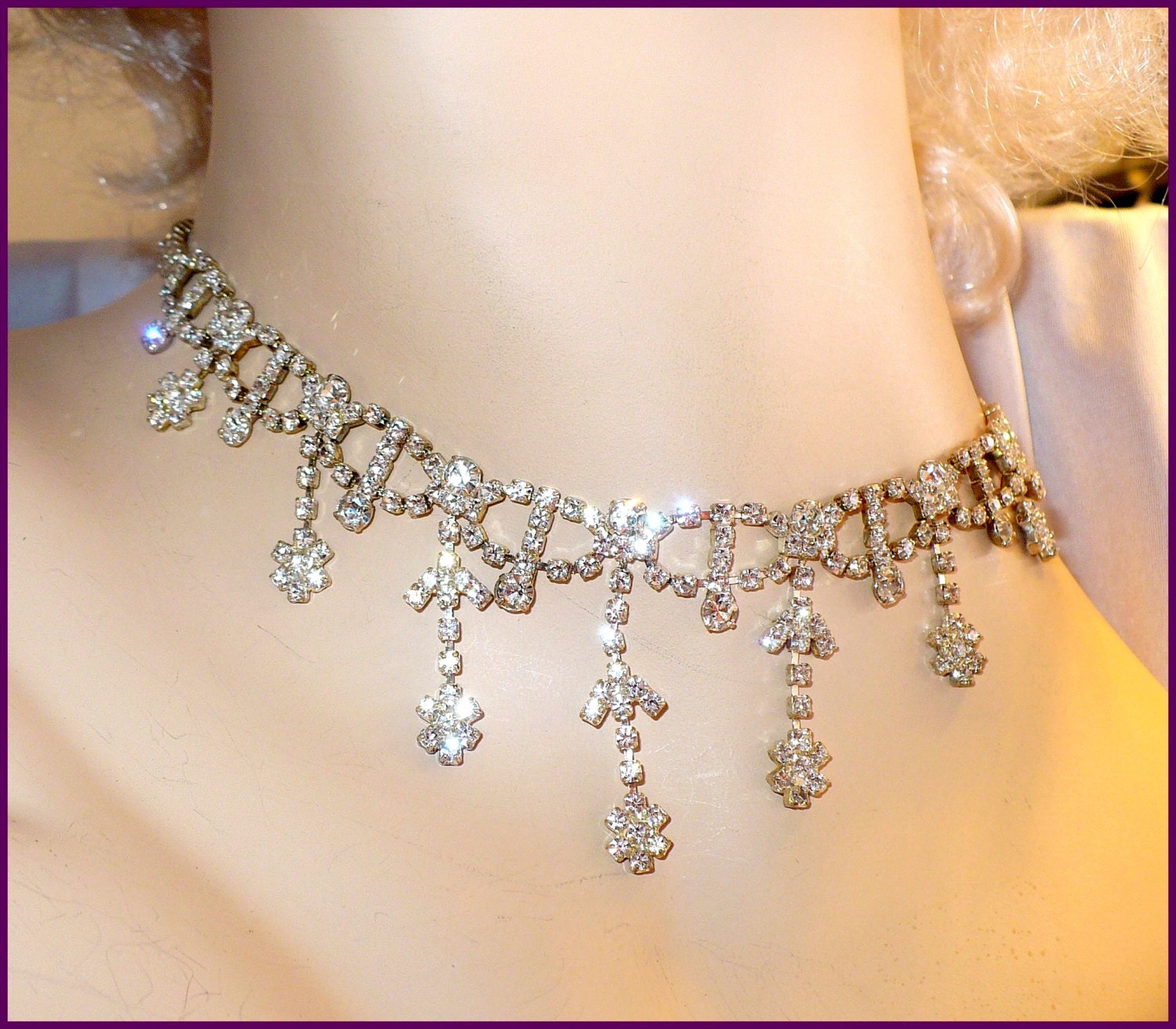 Glamorous RUNWAY Rhinestone Necklace, Long Flower Drops All Around