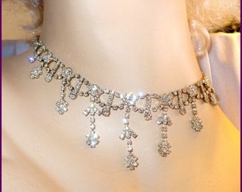 Glamorous RUNWAY Rhinestone Necklace, Long Flower Drops All Around