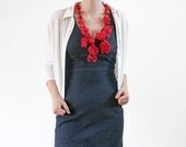 Freeform crochet statement necklace with wooden and plastic beads, coral red, OOAK
