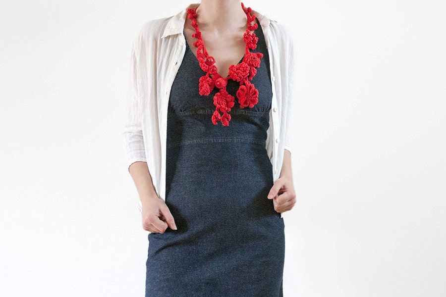 Freeform crochet statement necklace with wooden and plastic beads, coral red, OOAK