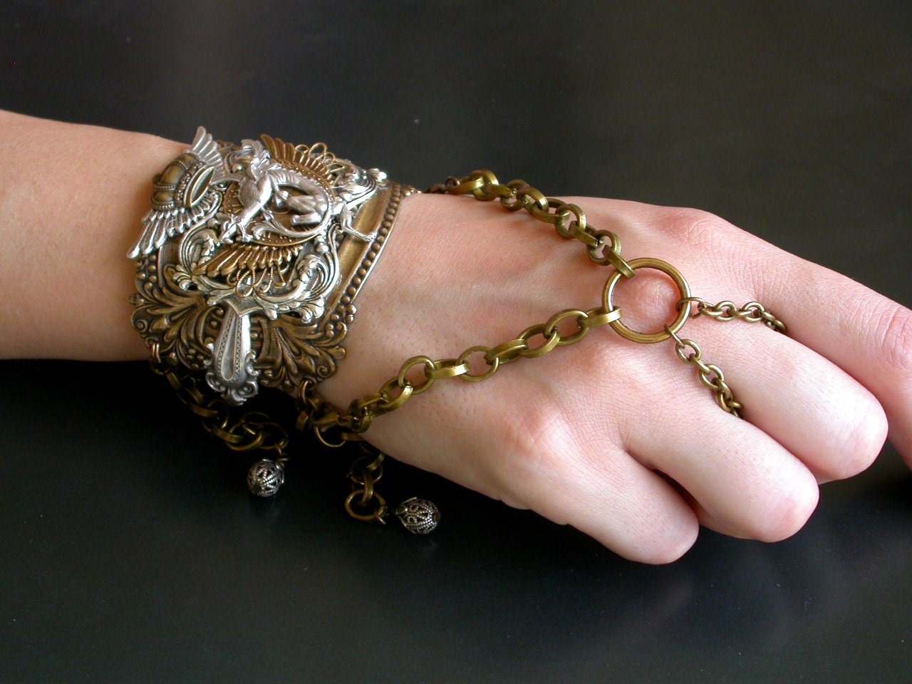 Gothic Slave Bracelet  Steampunk Dragon Fantasy Women Jewelry - 2 in 1 Bracelet