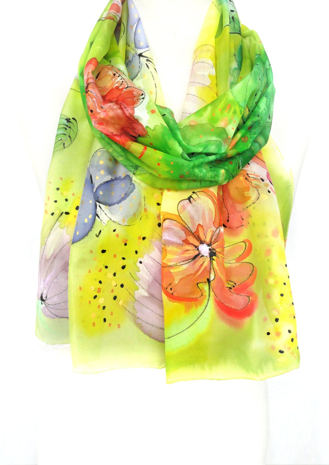 Yellow Lime Scarf. Hand Painted Silk Shawl. Women Scarf. Gift for Her. Floral Shawl. Fluo Fashion. 14x71 in. (35x180cm). Ready2Ship.