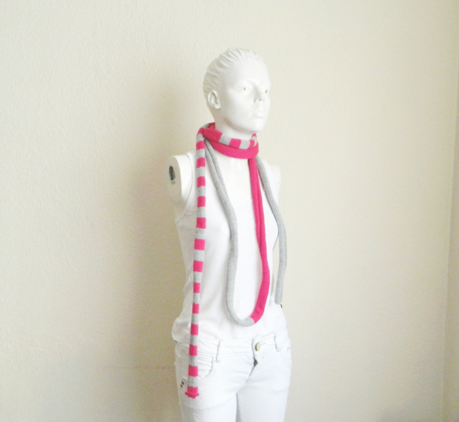 Pippi's Pink Grey Skinny Scarf, Unisex, Mens, Womens, Neckwarmer,HandKnit, Extra Long, Spring, Summer, Fall, Autumn Fashion, Stripe