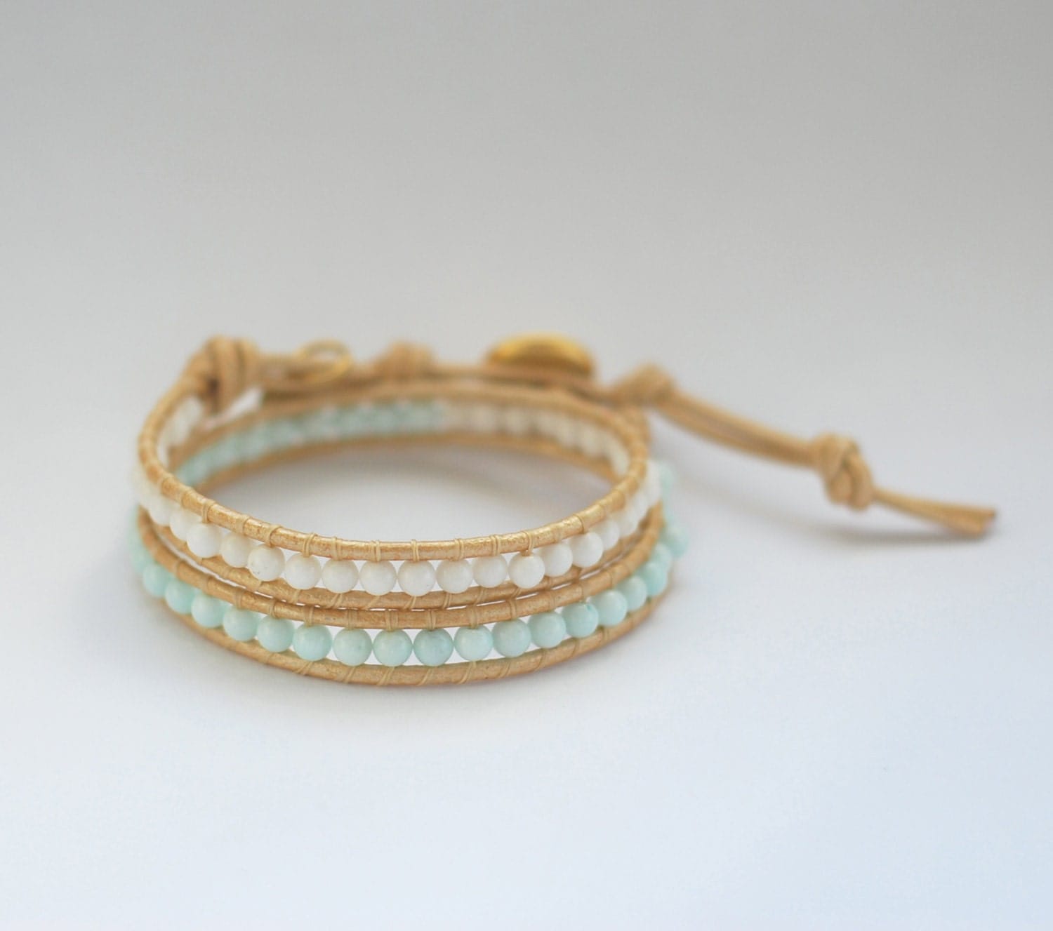 Princessa Beaded Leather Wrap Bracelet: Mint & White Dyed Jade Beads with Gold Leather Cording