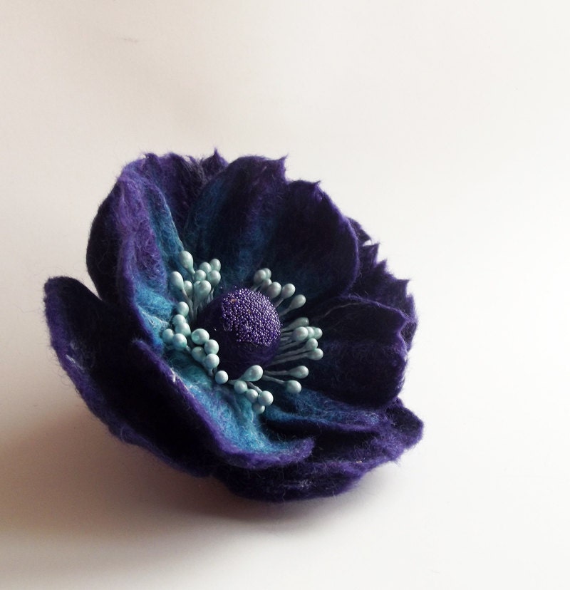 Felted Flower Brooch, Hair Clip, Wool Felt Jewelry, Purple & Turquoise Flower, "A little bit different poppy"