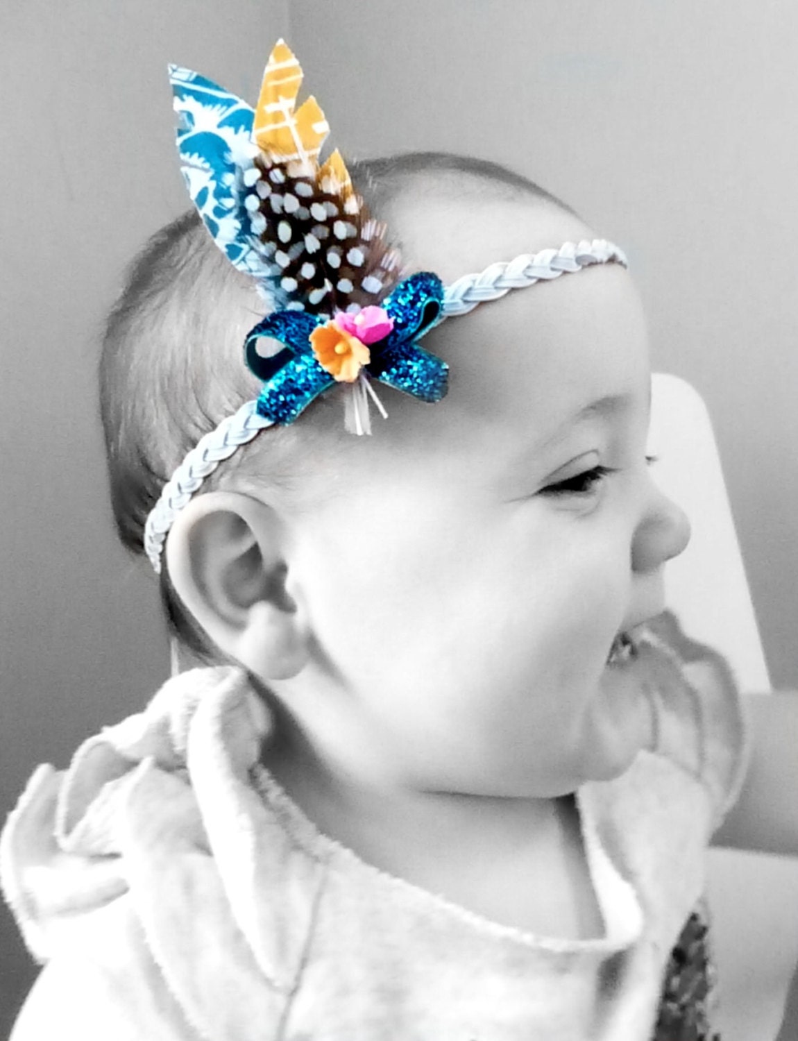 Tribal Fabric Feathers on Braided Headband - Wool Felt Bow - Baby Bow Headband - Woodland Headband