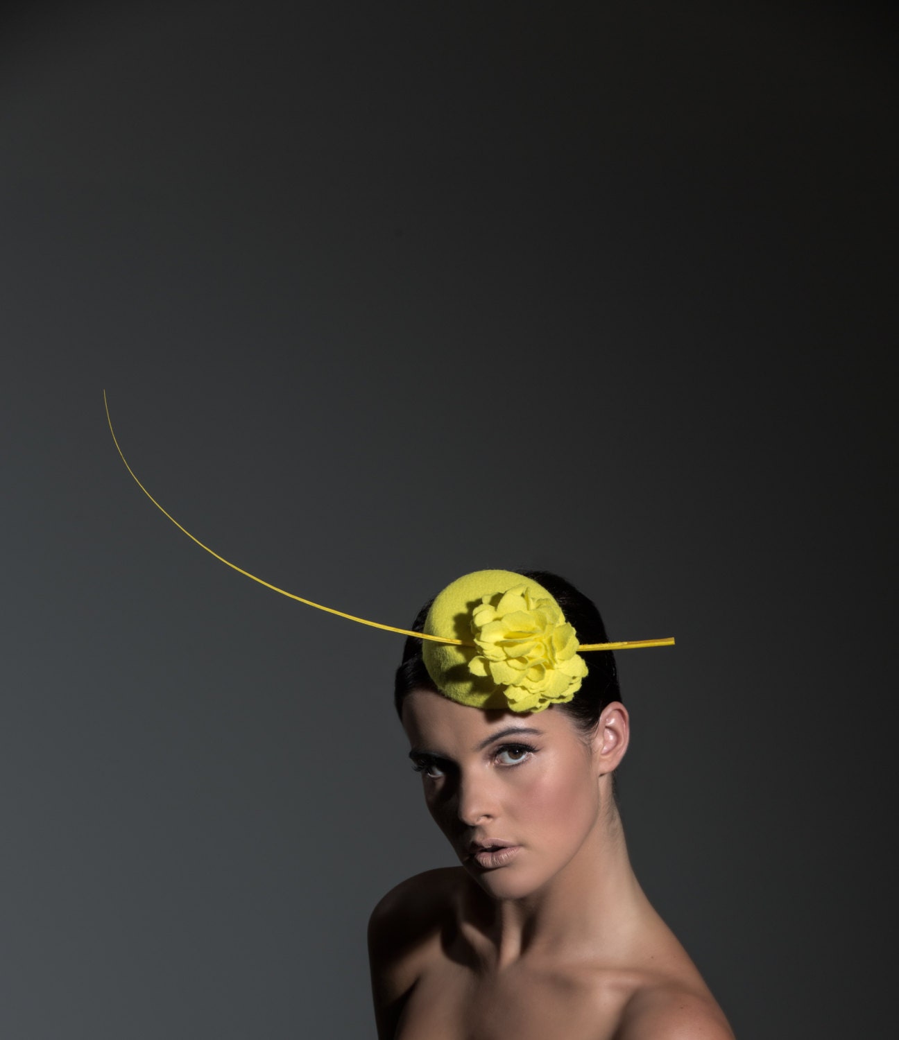 Lemon Yellow Felt Pillbox Hat with Felt Flowers Ostrich Quill Retro Inspired Burlesque Rockabilly Pin Up