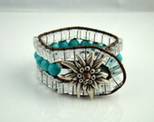 Bold Turquoise Magnesite And Crystal Beaded Leather Cuff Bracelet, Southwest Boho Style Beadwork Wrap, Sunflower Silver Tone Button