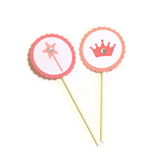12 Princess Party Cupcake Toppers - Princess Crown and Wand Party Supplies