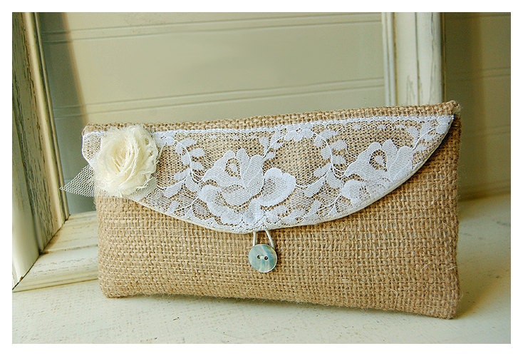 burlap purse bag lace wedding clutch rustic cotton linen shabby rose flower color choice Personalize Bridesmaid party gift MakeUp tagt team