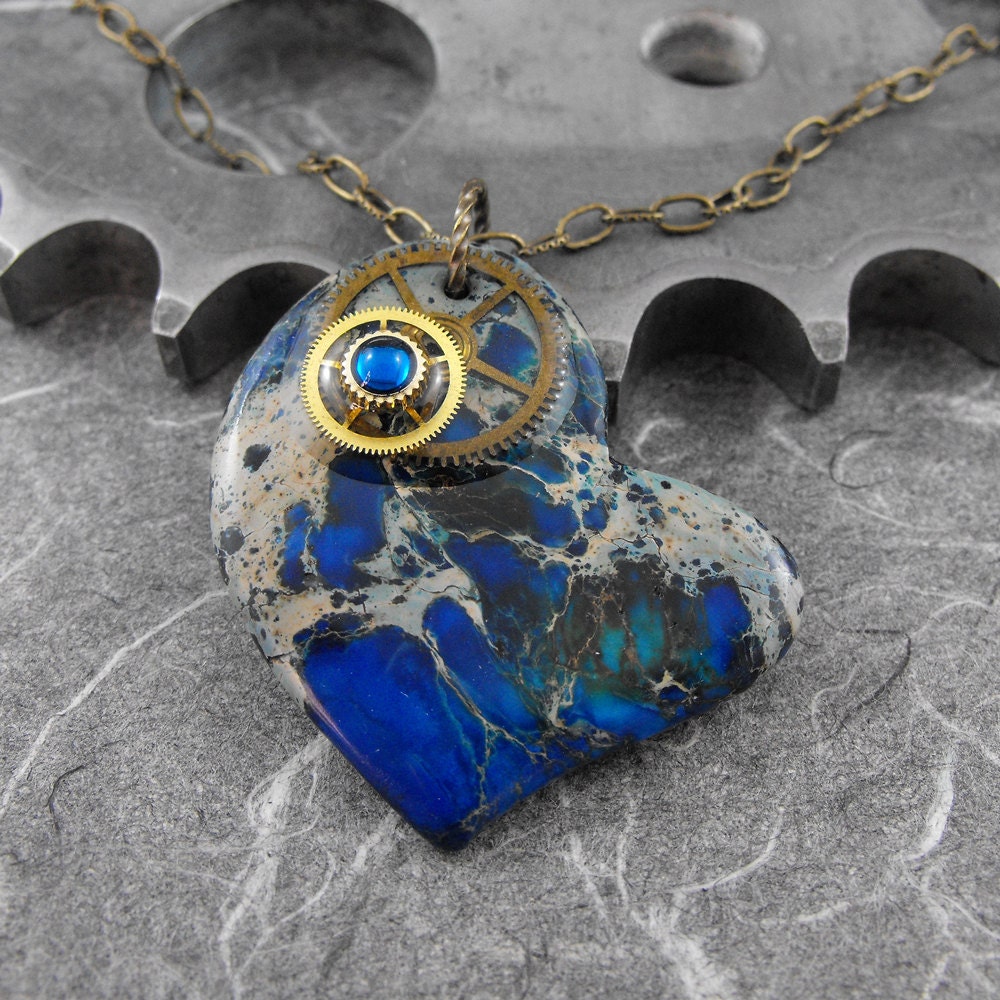 Steampunk Blue Jasper Heart Pendant - Timeless Tick of the Heart by COGnitive Creations