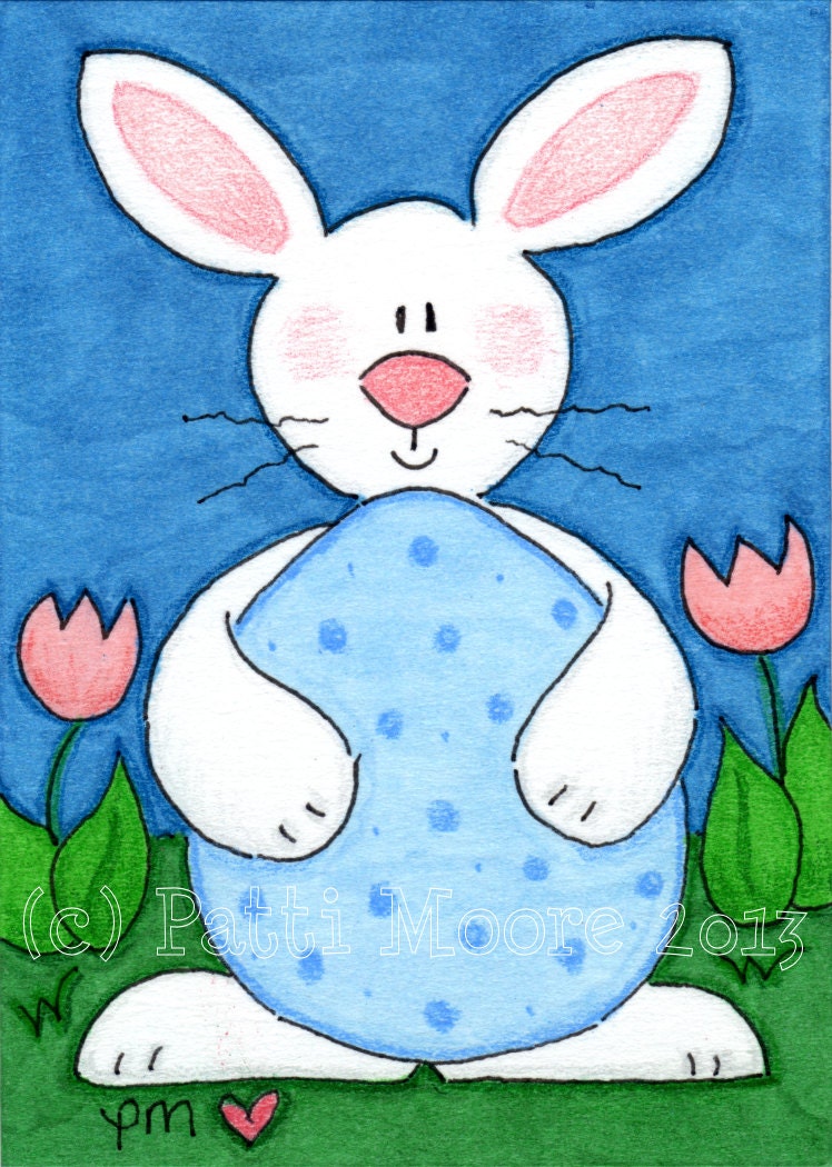 ACEO Original Illustration - Folk Art - Cute Whimsical - 2.5" x 3.5" - Baby Bunny's Big Blue Egg