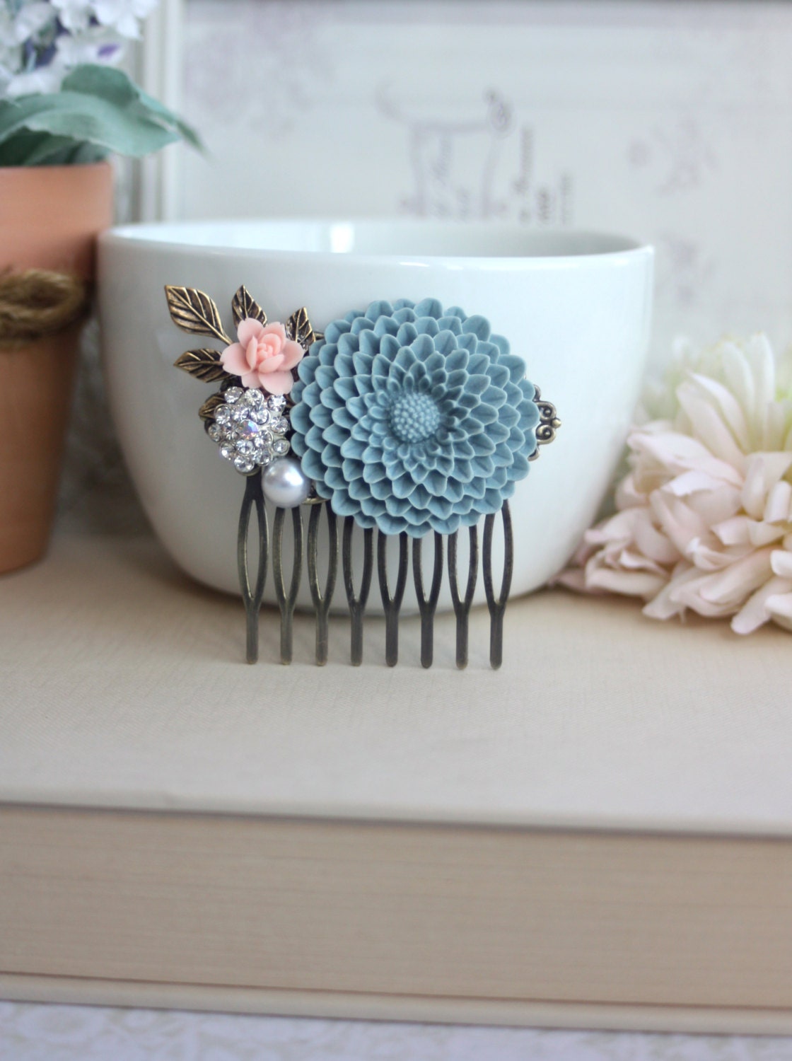 A Large Powder Dusty Blue Chrysanthemum Flower, Pink Lily Antiqued Brass Hair Comb. Blue Statement Comb. Bridesmaids Hair Accessory.