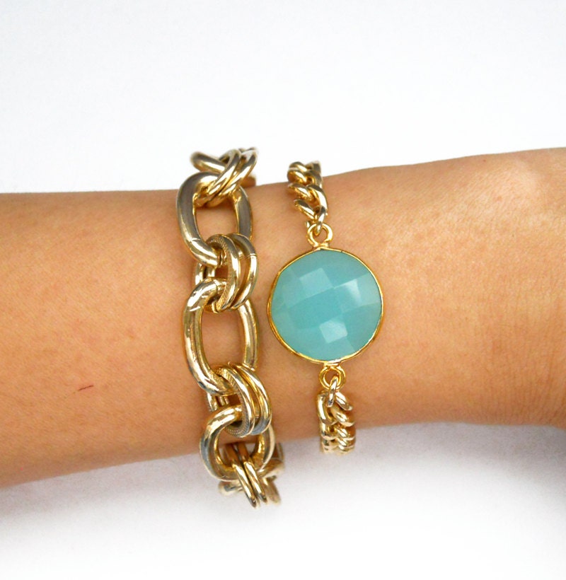 Mint Chalcedony Bezel Gemstone 14K GP Chunky Bracelet Set