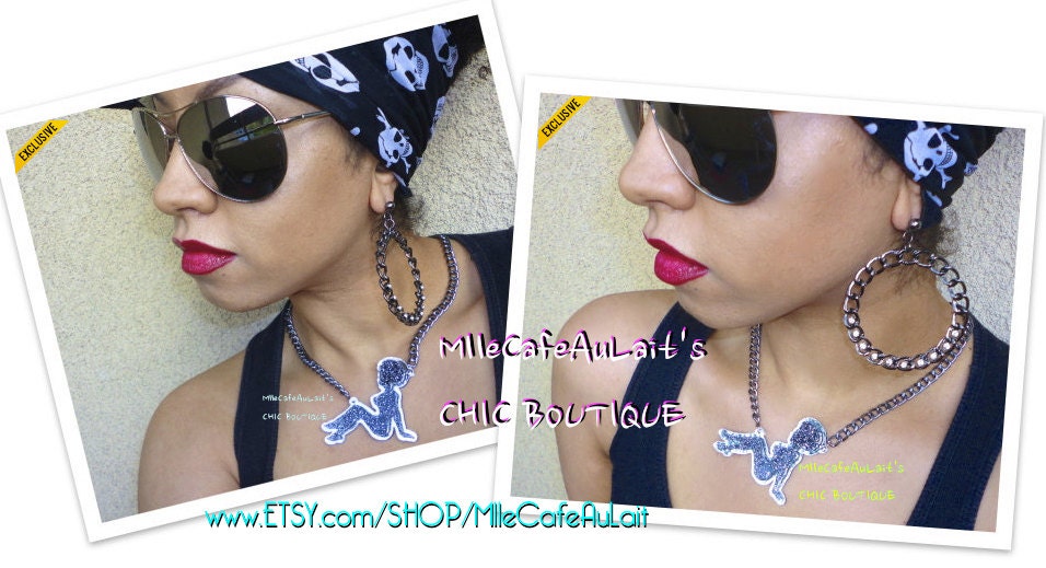 Glitter Mirror Laser Cut Curly Afro MudflapGirl,  Chain Link Necklace - GLITTER GALS NECKLACE