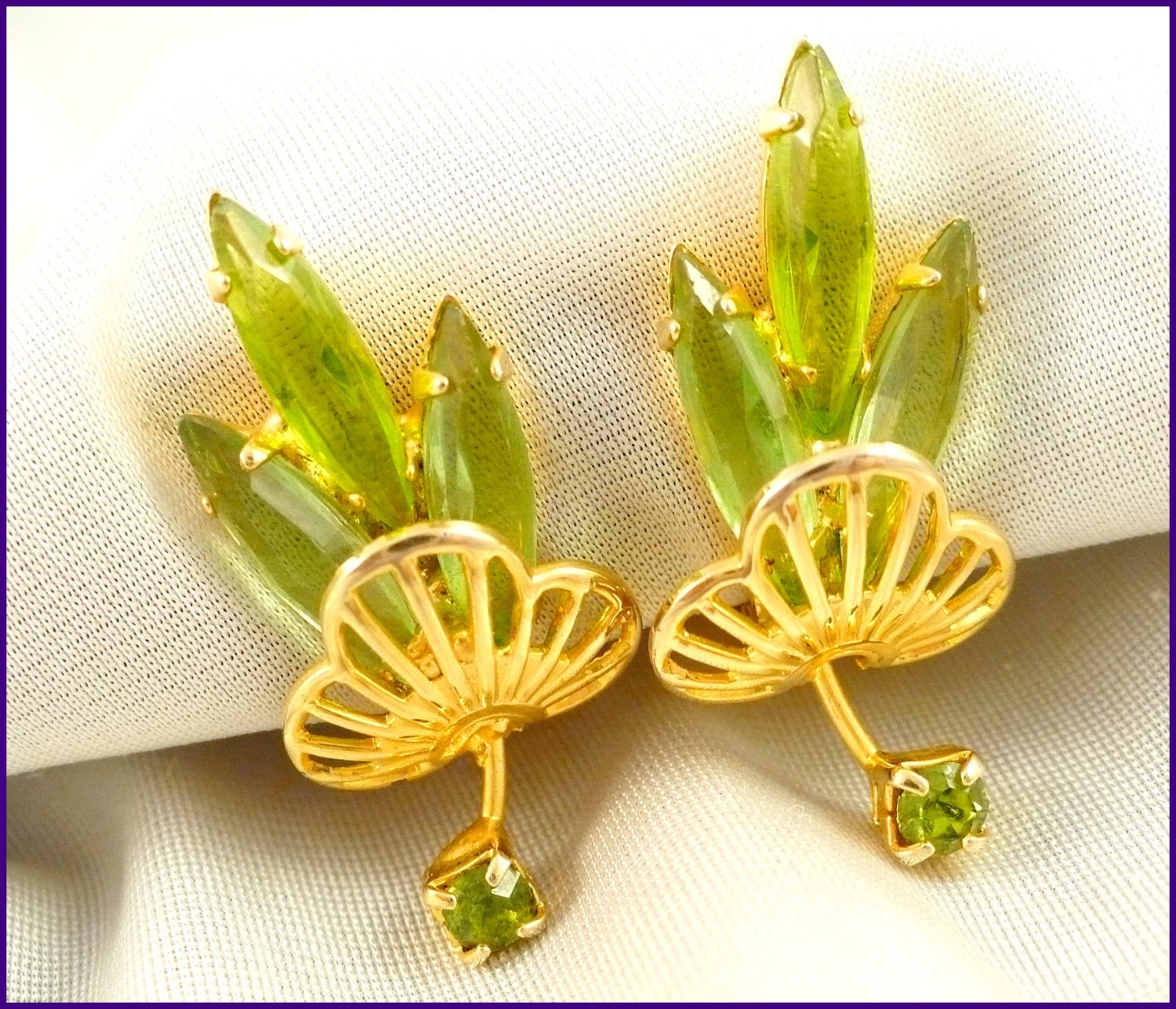 Flirty Gold & Green Rhinestone Earrings, Large Clip-Ons