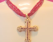 Kenneth J. Lane (KJL) Ruby Glass  Bead & Cross Pendant Necklace
