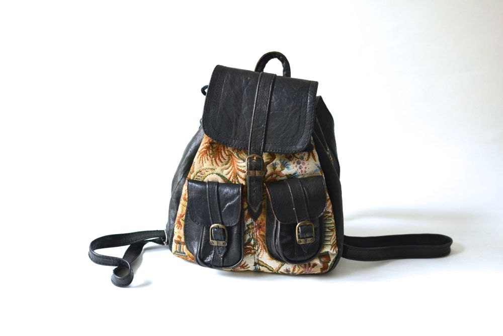 Vintage mini backpack tapestry leather bag purse hand bag 80s boho festival