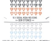 Social Media Web Icons, Blog Buttons Website Graphics - Geometric Gem Stones, Diamond, Charcoal, Gray, Orange, Pastel Blue