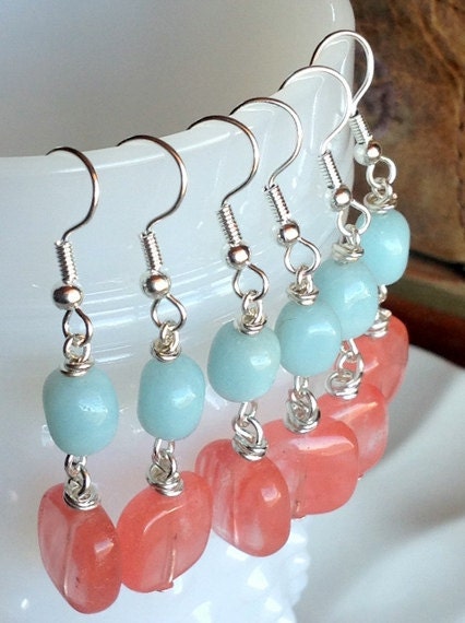 set of 3 pairs robins egg blue and coral bridesmaid jewelry set rustic wedding country  and coral rustic bridal jewelry rustic wedding