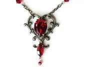 Silver Victorian Heart Shaped Pendant - Ruby Swarovski Crystals Necklace - Victorian Jewelry