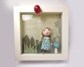 Original Handmade Framed Art, Nursery Wall Deco, Resin 3D Diorama mixed media art with handmade clay doll holding a clay balloon
