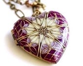 Filigree Heart Locket, Purple, Lavender, Keepsake Necklace, Mourning Locket, Love Locket