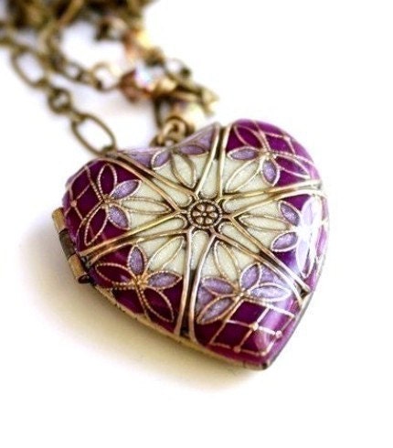 Filigree Heart Locket, Purple, Lavender, Keepsake Necklace, Mourning Locket, Love Locket
