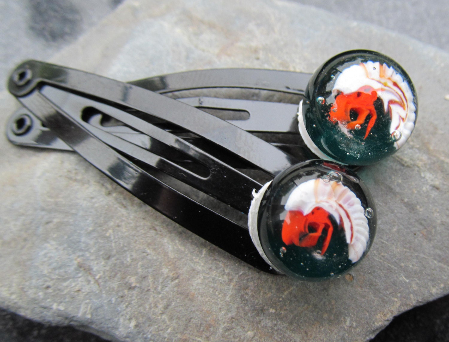 Harry the Hermit crab lampwork cabochon hairclips black