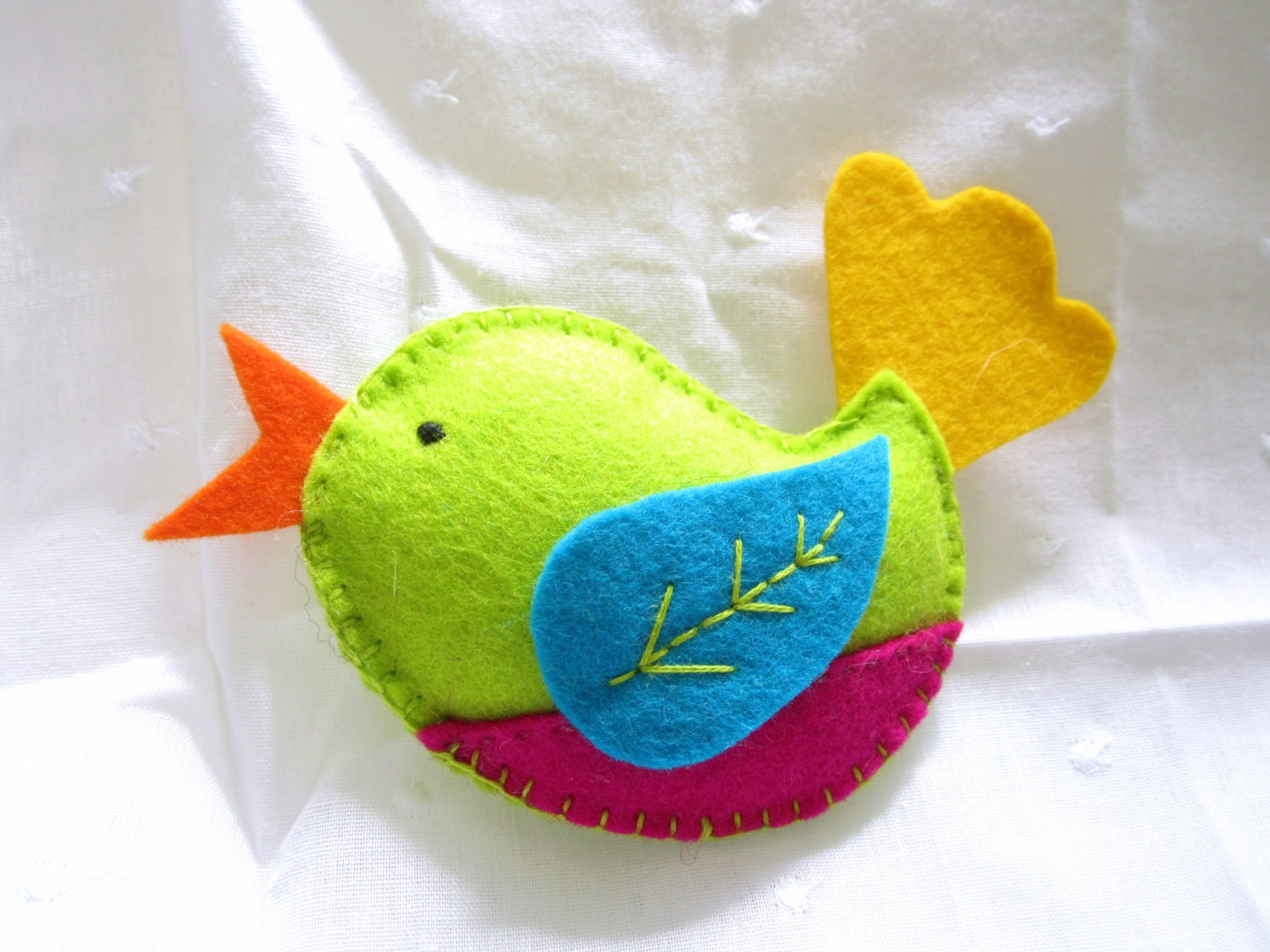 All-Natural Embroidered Wool Felt Decorative Bird in Lime Green, Turquoise, Magenta, Yellow, and Orange