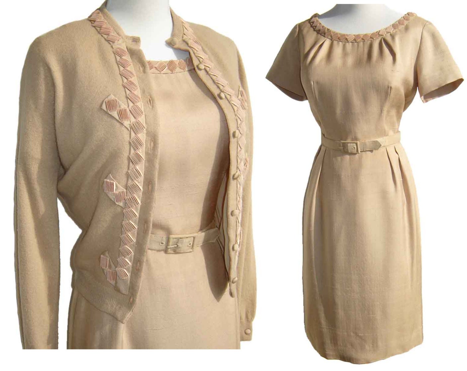 Vintage 60s Dress & Cashmere Cardigan Sweater Set Silk Shantung Taupe Ecru Beige M / L