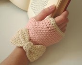Hand Crocheted Women's Cotton Fingerless Gloves - Pale Pink with Ivory Bows and Tipping - Ready to Ship