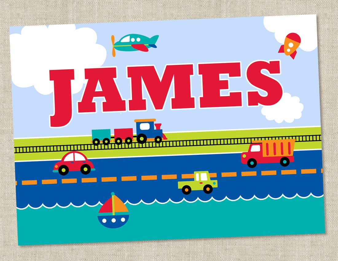 Transportation Boy Nursery Art - Train invite - car boat airplane dump truck rocket  (DIY Printable Digital File)