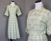Vintage 60s Dress 1960s Plaid Shirtwaist Day Dress Full Pleated Skirt Short Sleeve Cotton Green Medium
