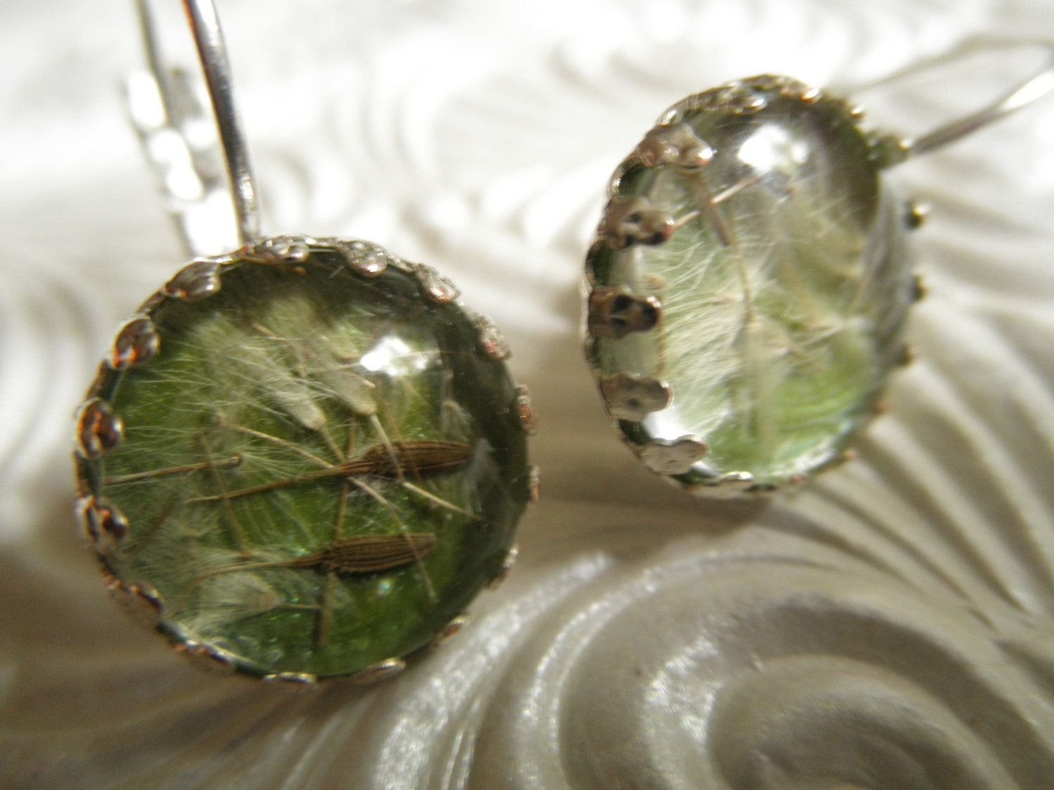 Ride The Wind-Dandelion Seeds Beneath Glass Atop A Granny Smith Apple Green Background Crown Bezel Leverback Earrings-Symbolizes Happiness