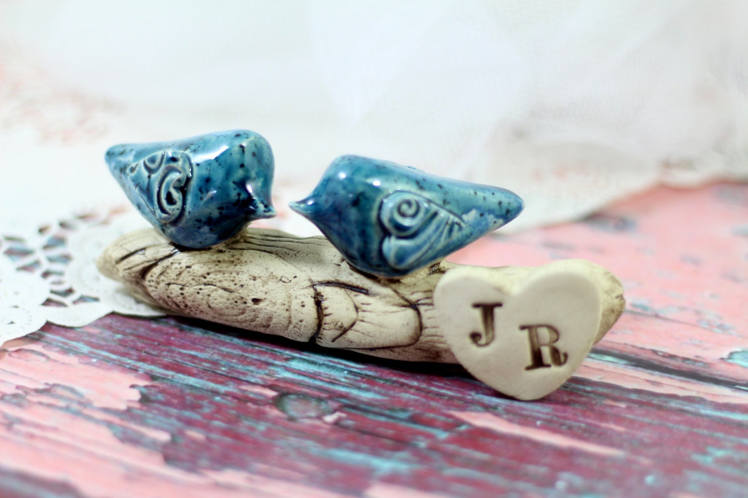 Wedding cake topper Rustic custom pair of love birds on a branch  with your initials